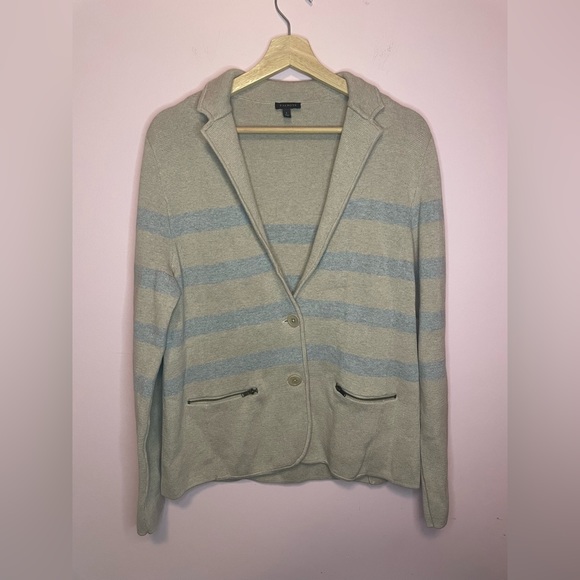Talbots Beige Gray Stripe Sweater Blazer Jacket Zipper Pockets‎ size large - Picture 1 of 5